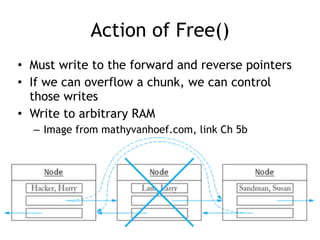 Action of Free()
• Must write to the forward and reverse pointers


• If we can overflow a chunk, we can control
those writes


• Write to arbitrary RAM


– Image from mathyvanhoef.com, link Ch 5b
 