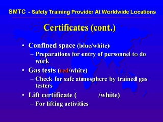 Certificates (cont.)
• Confined space (blue/white)
– Preparations for entry of personnel to do
work
• Gas tests (red/white)
– Check for safe atmosphere by trained gas
testers
• Lift certificate ( /white)
– For lifting activities
 