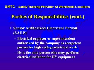 Parties of Responsibilities (cont.)
• Senior Authorized Electrical Person
(SAEP)
– Electrical engineer or superintendent
authorized by the company as competent
person for high voltage electrical work
– He is the only person who may perform
electrical isolation for HV equipment
 