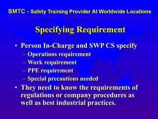 Specifying Requirement
• Person In-Charge and SWP CS specify
– Operations requirement
– Work requirement
– PPE requirement
– Special precautions needed
• They need to know the requirements of
regulations or company procedures as
well as best industrial practices.
 