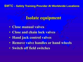 Isolate equipment
• Close manual valves
• Close and chain lock valves
• Hand jack control valves
• Remove valve handles or hand wheels
• Switch off field switches
 
