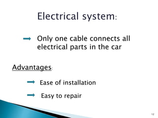 Electrical system:
Only one cable connects all
electrical parts in the car
Advantages:
Ease of installation
Easy to repair
12
 