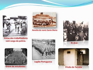 Revolta do navio Santa Maria


Greve dos trabalhadores
 com carga da polícia.
                                                              P.I.D.E.




                            Legião Portuguesa

 Greve de estudantes                                     Prisão do Tarrafal
 