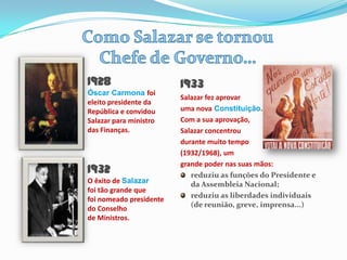 1928                     1933
Óscar Carmona foi
                         Salazar fez aprovar
eleito presidente da
República e convidou     uma nova Constituição.
Salazar para ministro    Com a sua aprovação,
das Finanças.            Salazar concentrou
                         durante muito tempo
                         (1932/1968), um
                         grande poder nas suas mãos:
1932                        reduziu as funções do Presidente e
O êxito de Salazar          da Assembleia Nacional;
foi tão grande que
                            reduziu as liberdades individuais
foi nomeado presidente
                            (de reunião, greve, imprensa...)
do Conselho
de Ministros.
 