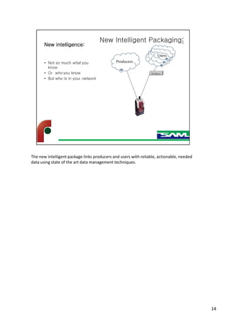 The new intelligent package links producers and users with reliable, actionable, needed
data using state of the art data management techniques.
14
 