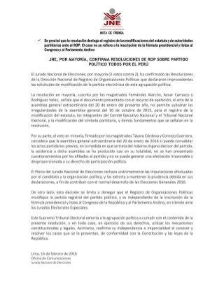 JNE confirma resoluciones de ROP sobre partido político Todos por el Perú 