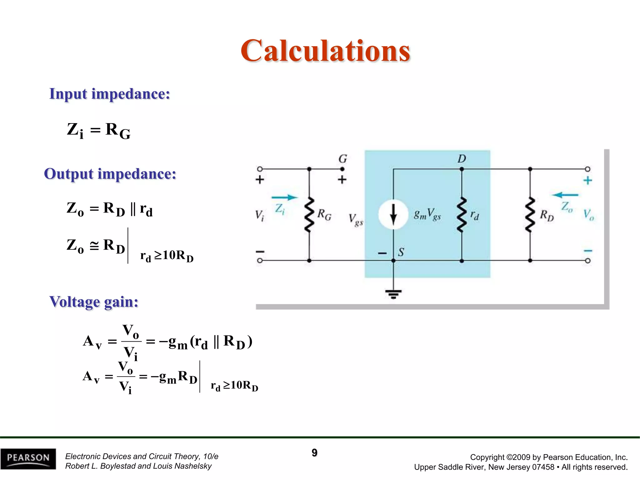 Copyright ©2009 by Pearson Education, Inc.
Upper Saddle River, New Jersey 07458 • All rights reserved.
Electronic Devices and Circuit Theory, 10/e
Robert L. Boylestad and Louis Nashelsky
Calculations
G
i R
Z 
d
D
o r
||
R
Z 
10R
r
D
o
D
d
R
Z


Input impedance:
Output impedance:
9
)
R
||
(r
g
V
V
A D
d
m
i
o
v 


D
d 10R
r
D
m
i
o
v R
g
V
V
A




Voltage gain:
 