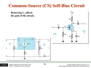 Copyright ©2009 by Pearson Education, Inc.
Upper Saddle River, New Jersey 07458 • All rights reserved.
Electronic Devices and Circuit Theory, 10/e
Robert L. Boylestad and Louis Nashelsky
Common-Source (CS) Self-Bias Circuit
Removing Cs affects
the gain of the circuit.
12
 