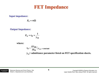 Copyright ©2009 by Pearson Education, Inc.
Upper Saddle River, New Jersey 07458 • All rights reserved.
Electronic Devices and Circuit Theory, 10/e
Robert L. Boylestad and Louis Nashelsky



i
Z
os
d
o
y
1
r
Z 

constant
V
D
DS
d GS
I
V
r 



Input impedance:
FET Impedance
Output Impedance:
where:
yos= admittance parameter listed on FET specification sheets.
6
 