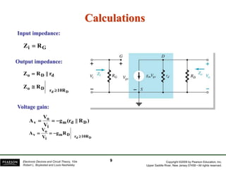 Copyright ©2009 by Pearson Education, Inc.
Upper Saddle River, New Jersey 07458 • All rights reserved.
Electronic Devices and Circuit Theory, 10/e
Robert L. Boylestad and Louis Nashelsky
Calculations
G
i R
Z 
d
D
o r
||
R
Z 
10R
r
D
o
D
d
R
Z


Input impedance:
Output impedance:
9
)
R
||
(r
g
V
V
A D
d
m
i
o
v 


D
d 10R
r
D
m
i
o
v R
g
V
V
A




Voltage gain:
 
