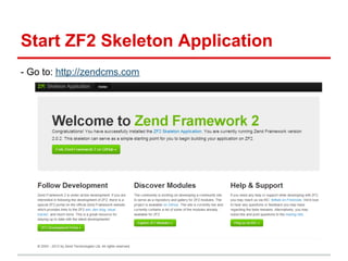 Start ZF2 Skeleton Application
- Go to: http://zendcms.com
 