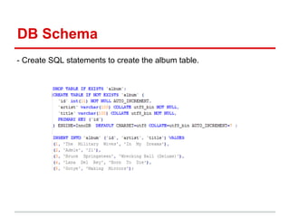 DB Schema
- Create SQL statements to create the album table.
 