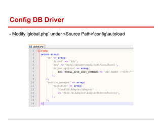 Config DB Driver
- Modify 'global.php' under <Source Path>configautoload
 