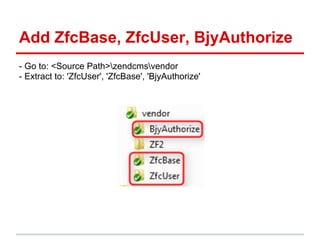 Add ZfcBase, ZfcUser, BjyAuthorize
- Go to: <Source Path>zendcmsvendor
- Extract to: 'ZfcUser', 'ZfcBase', 'BjyAuthorize'
 