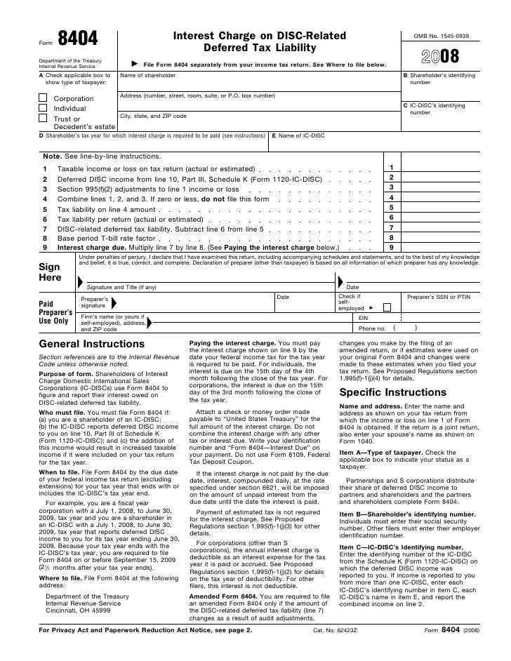 form 8404 interest charge on disc related deferred tax liability form 8404