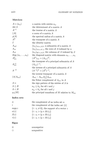 xxiv GLOSSARY OF NOTATION
Matrices
A = (az^) a matrix with entries aid
det A the determinant of a matrix A
A- ' the inverse of a matrix A
a norm of a matrix A
p(A) the spectral radius of a matrix A
AT the transpose of a matrix A
I the identity matrix
Aß (aid )jca, E,Q, a submatrix of a matrix A
Aa . (aij)jca,all j, the rows of A indexed by cti
A.ß (aid )all Z, Eß, the columns of A indexed by ß
diag (a,,. , a) the diagonal matrix with elements al, ... , an,
laa (AT)ctia = (A a a) T
the transpose of a principal submatrix of A
`A-i
(A
Aaa)-1
the inverse of a principal submatrix of A
A-T (A- i)T = (AT) - i
the inverse transpose of a matrix A
(A/Aaa) Aca — A,, Actia `Lctia
the Schur complement of A. in A
A ^ the sign pattern of the entries of A is
A<B a2^ <b 3 for all i and j
A<B az^ < bz3 for all i and j
pa (M) the principal transform of M relative to Maa
Index sets
^ the complement of an index set ci
i the complement of the index set {i}
supp z {i : z2 0}, the support of a vector z
a(z) fi : zi > (q + Mz)z}
ß(z) {i : z = (q + Mz)z}
ry(z) {i : zz < (q + Mz)2}
Signs
nonnegative
S nonpositive
 