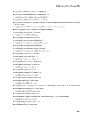 Ring Documentation, Release 1.5.3
• void glVertexAttrib4bv(GLuint index,const GLbyte *v)
• void glVertexAttrib4ubv(GLuint index,const GLubyte *v)
• void glVertexAttrib4usv(GLuint index,const GLushort *v)
• void glVertexAttrib4uiv(GLuint index,const GLuint *v)
• void glVertexAttribPointer(GLuint index,GLint size,GLenum type,GLboolean normalized,GLsizei stride,const
GLvoid * pointer)
• void glVertexPointer(GLint size,GLenum type,GLsizei stride,const GLvoid * pointer)
• void glViewport(GLint x,GLint y,GLsizei width,GLsizei height)
• void glWindowPos2s(GLshort x,GLshort y)
• void glWindowPos2i(GLint x,GLint y)
• void glWindowPos2f(GLﬂoat x,GLﬂoat y)
• void glWindowPos2d(GLdouble x,GLdouble y)
• void glWindowPos3s(GLshort x,GLshort y,GLshort z)
• void glWindowPos3i(GLint x,GLint y,GLint z)
• void glWindowPos3f(GLﬂoat x,GLﬂoat y,GLﬂoat z)
• void glWindowPos3d(GLdouble x,GLdouble y,GLdouble z)
• void glWindowPos2sv(const GLshort * v)
• void glWindowPos2iv(const GLint * v)
• void glWindowPos2fv(const GLﬂoat * v)
• void glWindowPos2dv(const GLdouble * v)
• void glWindowPos3sv(const GLshort * v)
• void glWindowPos3iv(const GLint * v)
• void glWindowPos3fv(const GLﬂoat * v)
• void glWindowPos3dv(const GLdouble * v)
• void gluBeginCurve(GLUnurbs* nurb)
• void gluBeginPolygon(GLUtesselator* tess)
• void gluBeginSurface(GLUnurbs* nurb)
• void gluBeginTrim(GLUnurbs* nurb)
• void gluCylinder(GLUquadric* quad,GLdouble base,GLdouble top,GLdouble height,GLint slices,GLint stacks)
• void gluDeleteNurbsRenderer(GLUnurbs* nurb)
• void gluDeleteQuadric(GLUquadric* quad)
• void gluDeleteTess(GLUtesselator* tess)
• void gluDisk(GLUquadric* quad,GLdouble inner,GLdouble outer,GLint slices,GLint loops)
• void gluEndCurve(GLUnurbs* nurb)
• void gluEndPolygon(GLUtesselator* tess)
• void gluEndSurface(GLUnurbs* nurb)
1251
 
