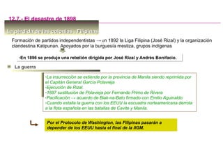 La pérdida de las colonias . FilipinasLa pérdida de las colonias . Filipinas
-En 1896 se produjo una rebelión dirigida por José Rizal y Andrés Bonifacio.-En 1896 se produjo una rebelión dirigida por José Rizal y Andrés Bonifacio.
12.7.- El desastre de 1898
La guerra
-La insurrección se extiende por la provincia de Manila siendo reprimida por
el Capitán General García Polavieja
-Ejecución de Rizal.
-1897 sustitución de Polavieja por Fernando Primo de Rivera
-Pacificación → acuerdo de Biak-na-Bato firmado con Emilio Aguinaldo
-Cuando estalla la guerra con los EEUU la escuadra norteamericana derrota
a la flota española en las batallas de Cavite y Manila.
Por el Protocolo de Washington, las Filipinas pasarán a
depender de los EEUU hasta el final de la IIGM.
Formación de partidos independentistas → en 1892 la Liga Filipina (José Rizal) y la organización
clandestina Katipunan. Apoyados por la burguesía mestiza, grupos indígenas
 
