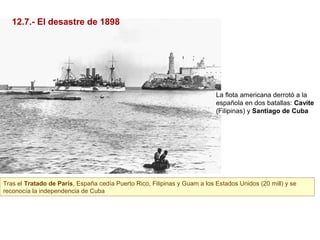 La flota americana derrotó a la
española en dos batallas: Cavite
(Filipinas) y Santiago de Cuba
Tras el Tratado de París, España cedía Puerto Rico, Filipinas y Guam a los Estados Unidos (20 mill) y se
reconocía la independencia de Cuba
Tras el Tratado de París, España cedía Puerto Rico, Filipinas y Guam a los Estados Unidos (20 mill) y se
reconocía la independencia de Cuba
12.7.- El desastre de 1898
 