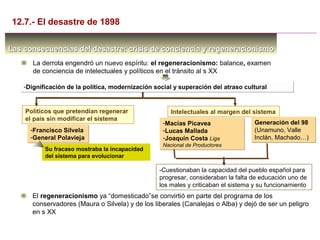 Las consecuencias del desastre: crisis de conciencia y regeneracionismoLas consecuencias del desastre: crisis de conciencia y regeneracionismo
La derrota engendró un nuevo espíritu: el regeneracionismo: balance, examen
de conciencia de intelectuales y políticos en el tránsito al s XX
-Dignificación de la política, modernización social y superación del atraso cultural-Dignificación de la política, modernización social y superación del atraso cultural
Políticos que pretendían regenerar
el país sin modificar el sistema
Políticos que pretendían regenerar
el país sin modificar el sistema
-Macías Picavea
-Lucas Mallada
-Joaquín Costa Liga
Nacional de Productores
-Macías Picavea
-Lucas Mallada
-Joaquín Costa Liga
Nacional de Productores
Intelectuales al margen del sistemaIntelectuales al margen del sistema
-Francisco Silvela
-General Polavieja
-Francisco Silvela
-General Polavieja
Su fracaso mostraba la incapacidad
del sistema para evolucionar
Generación del 98
(Unamuno, Valle
Inclán, Machado…)
Generación del 98
(Unamuno, Valle
Inclán, Machado…)
-Cuestionaban la capacidad del pueblo español para
progresar, consideraban la falta de educación uno de
los males y criticaban el sistema y su funcionamiento
El regeneracionismo ya “domesticado”se convirtió en parte del programa de los
conservadores (Maura o Silvela) y de los liberales (Canalejas o Alba) y dejó de ser un peligro
en s XX
12.7.- El desastre de 1898
 