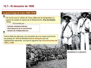 La guerra larga de Cuba (1868-1878)
Se inició con el «Grito de Yara» (Manuel de Céspedes) La
guerra se acabó en época de la Restauración (Paz de Zanjón,
1878)
Se inició con el «Grito de Yara» (Manuel de Céspedes) La
guerra se acabó en época de la Restauración (Paz de Zanjón,
1878)
-Interés estadounidense
-Persistencia de la esclavitud
-Deseo de independencia
-Interés estadounidense
-Persistencia de la esclavitud
-Deseo de independencia
Provocada por
MAMBISES CUBANOS
Ante la falta de reformas y la concesión de una mayor autonomía
se produjo en 1879 la llamada Guerra Chiquita que fue
rápidamente reprimida, a la que le siguieron las insurrecciones de
1883 y 1885.
Ante la falta de reformas y la concesión de una mayor autonomía
se produjo en 1879 la llamada Guerra Chiquita que fue
rápidamente reprimida, a la que le siguieron las insurrecciones de
1883 y 1885.
12.7.- El desastre de 1898
 