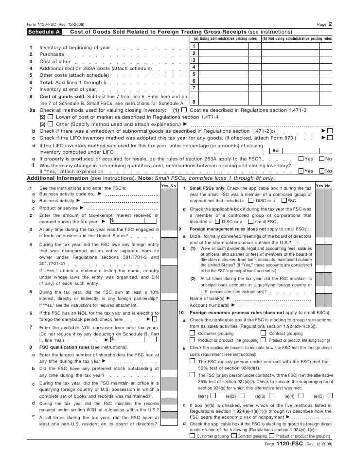 form 1120 fsc u s income tax return of a foreign sales corporation schedule j form 1120