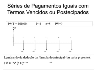 Séries de Pagamentos Iguais com
Termos Vencidos ou Postecipados
PMT = 100,00 i= 4 n=5 PV=?
0 1 2 3 4 5
100 100 100 100 100...