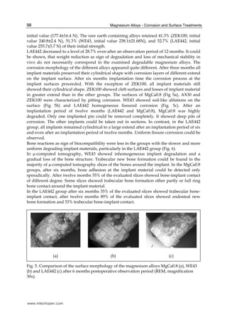 Magnesium Alloys - Corrosion and Surface Treatments98
initial value (177.4±16.4 N). The rare earth containing alloys retained 41.3% (ZEK100, initial
value 240.8±2.4 N), 51.3% (WE43, initial value 238.1±21.68N), and 52.7% (LAE442, initial
value 255.7±5.7 N) of their initial strength.
LAE442 decreased to a level of 28.7% even after an observation period of 12 months. It could
be shown, that weight reduction as sign of degradation and loss of mechanical stability in
vivo do not necessarily correspond in the examined degradable magnesium alloys. The
corrosion morphology of the different alloys appeared quite different. After three months all
implant materials preserved their cylindrical shape with corrosion layers of different extend
on the implant surface. After six months implantation time the corrosion process at the
implant surfaces proceeded. With the exception of ZEK100, all implant materials still
showed their cylindrical shape. ZEK100 showed cleft surfaces and losses of implant material
in greater extend than in the other groups. The surfaces of MgCa0.8 (Fig 5a), AX30 and
ZEK100 were characterized by pitting corrosion. WE43 showed soil-like ablations on the
surface (Fig 5b) and LAE442 homogeneous fissured corrosion (Fig. 5c). After an
implantation period of twelve months (LAE442 and MgCa0.8), MgCa0.8 was highly
degraded. Only one implanted pin could be removed completely. It showed deep pits of
corrosion. The other implants could be taken out in sections. In contrast, in the LAE442
group, all implants remained cylindrical to a large extend after an implantation period of six
and even after an implantation period of twelve months. Uniform fissure corrosion could be
observed.
Bone reactions as sign of biocompatibility were less in the groups with the slower and more
uniform degrading implant materials, particularly in the LAE442 group (Fig. 6).
In µ-computed tomography, WE43 showed inhomogeneous implant degradation and a
gradual loss of the bone structure. Trabecular new bone formation could be found in the
majority of µ-computed tomography slices of the bones around the implant. In the MgCa0.8
groups, after six months, bone adhesion at the implant material could be detected only
sporadically. After twelve months 55% of the evaluated slices showed bone-implant contact
of different degree. Some slices showed trabecular bone formation other partly or full ring
bone contact around the implant material.
In the LAE442 group after six months 35% of the evaluated slices showed trabecular bone-
implant contact, after twelve months 89% of the evaluated slices showed endosteal new
bone formation and 53% trabecular bone-implant contact.
(a) (b) (c)
Fig. 5. Comparison of the surface morphology of the magnesium alloys MgCa0.8 (a), WE43
(b) and LAE442 (c) after 6 months postoperative observation period (REM, magnification
30x).
www.intechopen.com
 