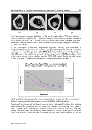 Magnesium Alloys as Promising Degradable Implant Materials in Orthopaedic Research 99
(a) (b) (c) (d)
Fig. 6. µ-computed tomographical picture of the fast degrading alloys AX30 (a), 6 months
postoperatively and MgCa0,8 (b), 12 months postoperatively with bone reactions and a slow
degrading alloy LAE442 (c), 12 months postoperatively with endosteal new bone formation
and trabecular bone-implant contact, loss of implant density as sign for implant corrosion
(d), white bar = 1 cm
In the histological examination polychrome sequence labelling was evaluated. In
comparison to the control tibiae, the examined groups with magnesium implants showed an
increased bone remodeling with a higher MAR. Especially in the first month the MAR was
with 4.29µm/d in the MgCa0.8 group and with 3.36 µm/d in the LAE442 group higher than
in the control group without implant material (MAR 0.87 µm/d). During the observation
period, a decrease of MAR in the magnesium groups could be observed (Fig. 7).
Mineral Apposition Rate (MAR) in bone after implantation of
different magnesium alloys in comparisson to a control group
0
0,5
1
1,5
2
2,5
3
3,5
4
4,5
5
1 2 3 4 5 6
time periods
MARinµm/d
MgCa 0,8
LAE
Control
Fig. 7. MAR in the bone during the observation period of 6 months after the implantation of
different magnesium alloys in comparison to control tibiae without implants.
Additionally to fluorescent labelling, the conventional histological toluidine blue staining
was evaluated (Fig. 8 a-c) and after six months an irregular bone structure (Score value 1)
could be observed in all examined material groups which, in the two longer observed
groups, decreased with the increasing observation time. In the LAE442 group, the score
value was reduced from 0.80 after six months to 0.00 after twelve months and in the
www.intechopen.com
 