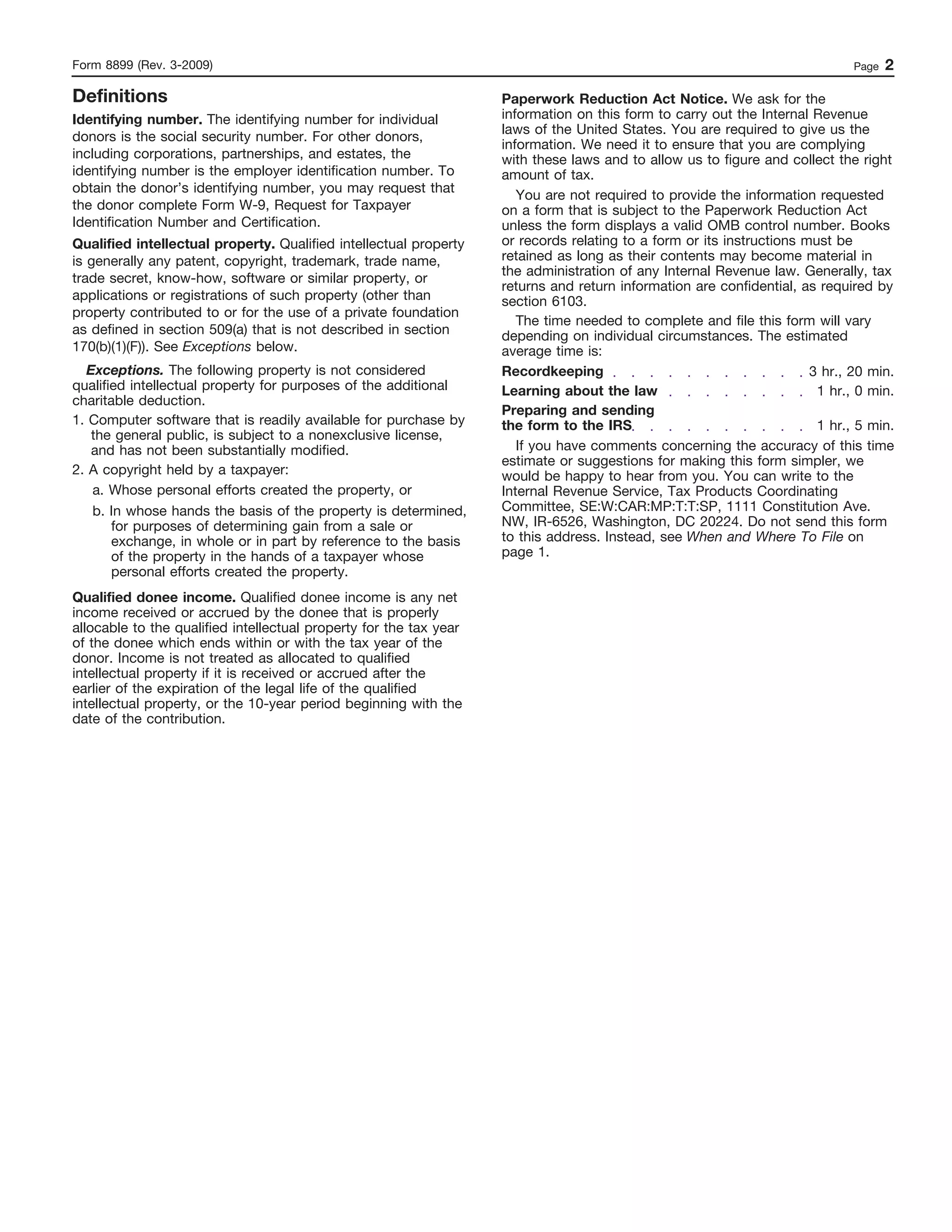 Form 8899 Notification of Income from Donated Intellectual Property