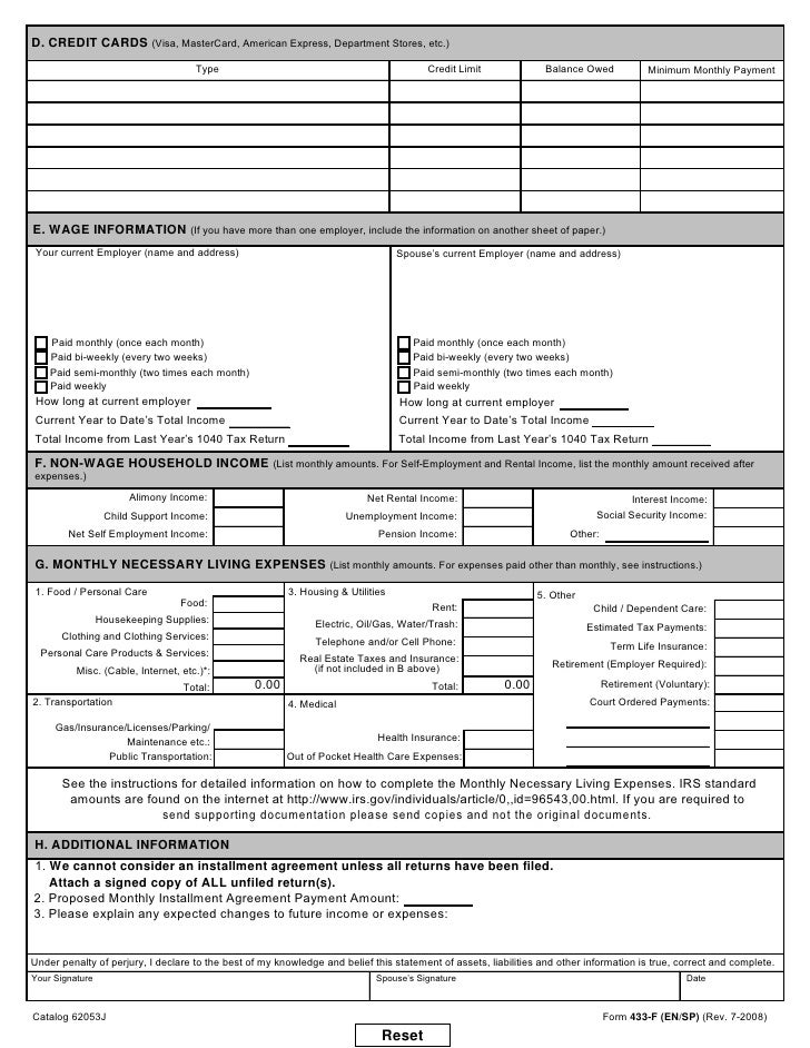 form 433 f collection information statement form 433f