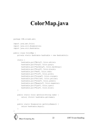 ColorMap.java

package COM.ociweb.awt;

import java.awt.Color;
import java.util.Enumeration;
import java.util.Hashtable;

public class ColorMap {
    private static Hashtable hashtable = new Hashtable();

    static {
        hashtable.put("White", Color.white);
        hashtable.put("Gray", Color.gray);
        hashtable.put("DarkGray", Color.darkGray);
        hashtable.put("Black", Color.black);
        hashtable.put("Red", Color.red);
        hashtable.put("Pink", Color.pink);
        hashtable.put("Orange", Color.orange);
        hashtable.put("Yellow", Color.yellow);
        hashtable.put("Green", Color.green);
        hashtable.put("Magenta", Color.magenta);
        hashtable.put("Cyan", Color.cyan);
        hashtable.put("Blue", Color.blue);
    }

    public static Color getColor(String name) {
        return (Color) hashtable.get(name);
    }

    public static Enumeration getColorNames() {
        return hashtable.keys();
    }
}



     Object Computing, Inc.
                                        22             AWT Event Handling
 