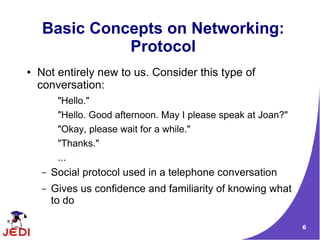 Basic Concepts on Networking:
              Protocol
●   Not entirely new to us. Consider this type of
    conversation:
         "Hello."
         "Hello. Good afternoon. May I please speak at Joan?"
         "Okay, please wait for a while."
         "Thanks."
         ...
    –   Social protocol used in a telephone conversation
    –   Gives us confidence and familiarity of knowing what
        to do

                                                                6
 