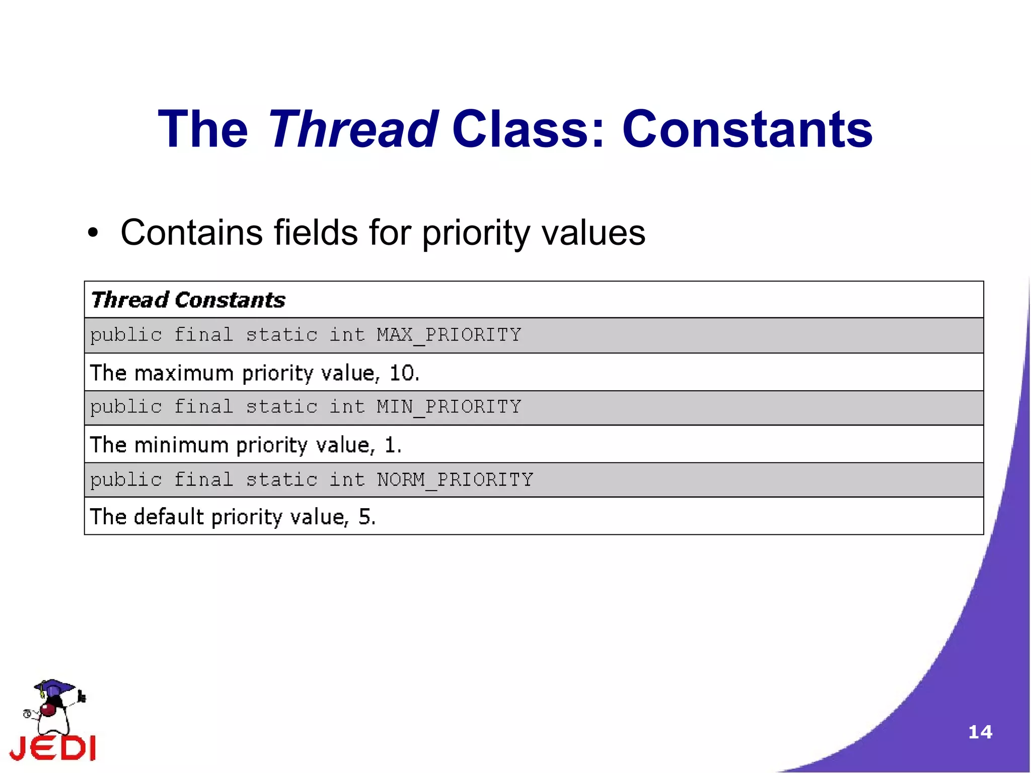 The Thread Class: Constants
●   Contains fields for priority values




                                          14
 