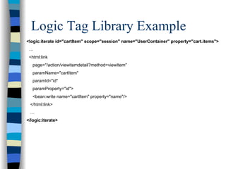 Logic Tag Library Example
<logic:iterate id="cartItem" scope="session" name="UserContainer" property="cart.items">
 …
 <html:link
   page="/action/viewitemdetail?method=viewItem"
   paramName="cartItem"
   paramId="id"
   paramProperty="id">
   <bean:write name="cartItem" property="name"/>
 </html:link>
 …
</logic:iterate>
 