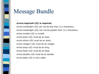 Message Bundle
 …
 errors.required={0} is required.
 errors.minlength={0} can not be less than {1} characters.
 errors.maxlength={0} can not be greater than {1} characters.
 errors.invalid={0} is invalid.
 errors.byte={0} must be an byte.
 errors.short={0} must be an short.
 errors.integer={0} must be an integer.
 errors.long={0} must be an long.
 errors.float={0} must be an float.
 errors.double={0} must be an double.
 errors.date={0} is not a date.
 …
 