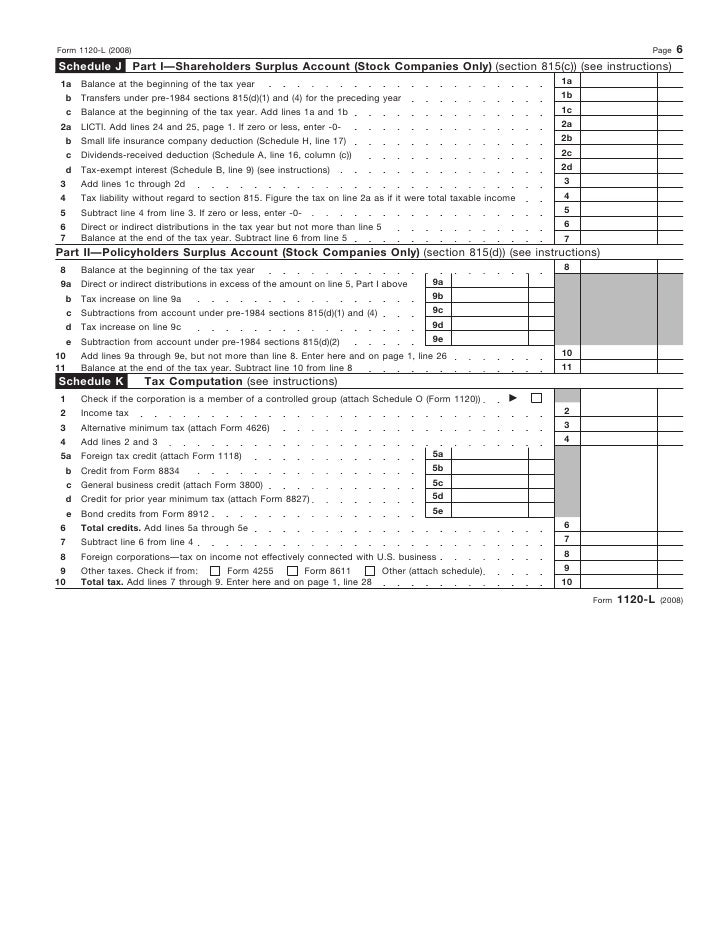 form 1120 l u s life insurance company income tax return schedule j form 1120