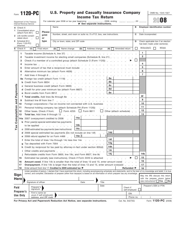 form 1120 pc u s property and casualty insurance company income tax form 851
