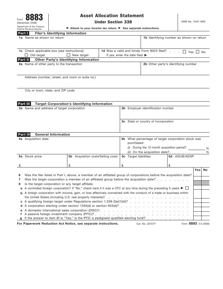 form 8883 asset allocation statement under section 338 form 8023