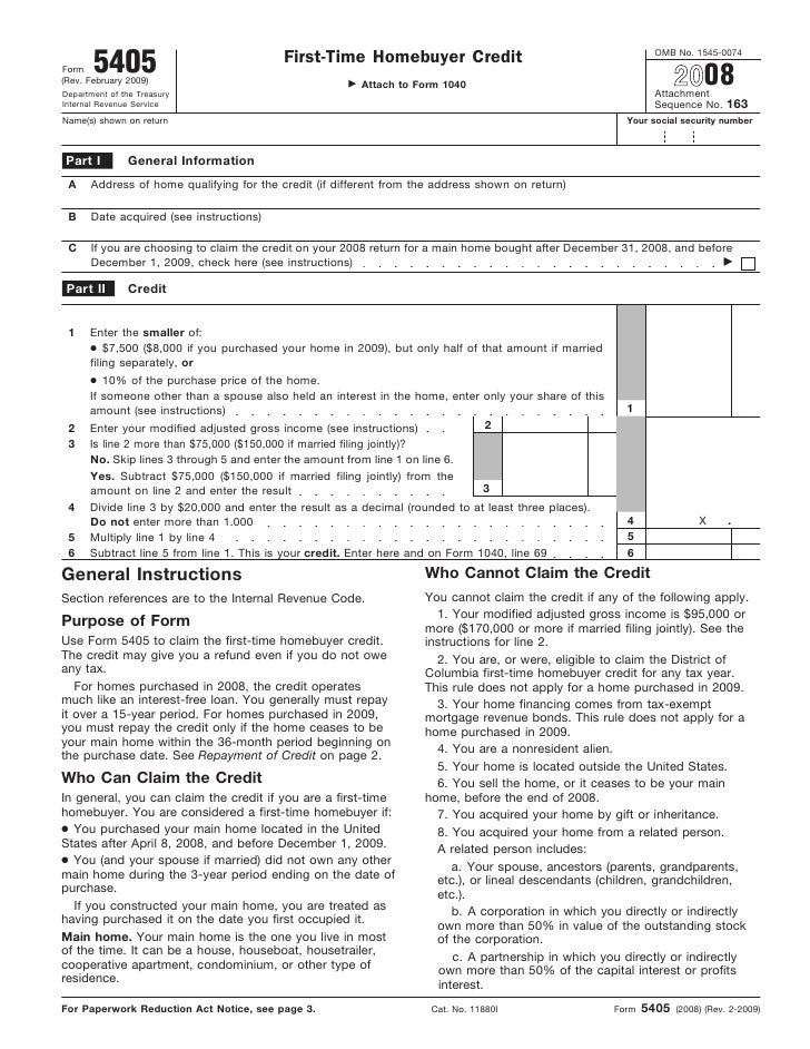 Form 5405 First Time Homebuyer Credit
