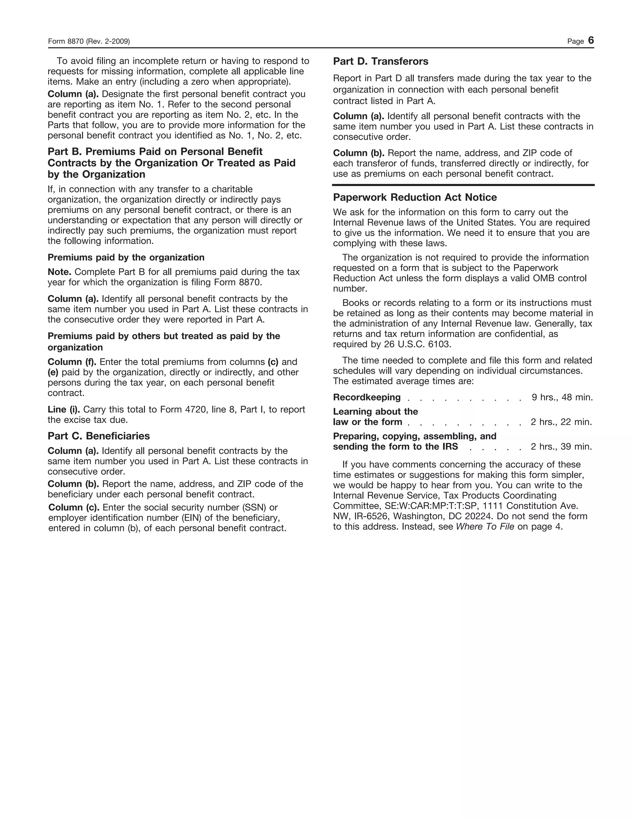 Form 8870  Information Return for Transfers Associated With Certain Personal Benefit Contracts 