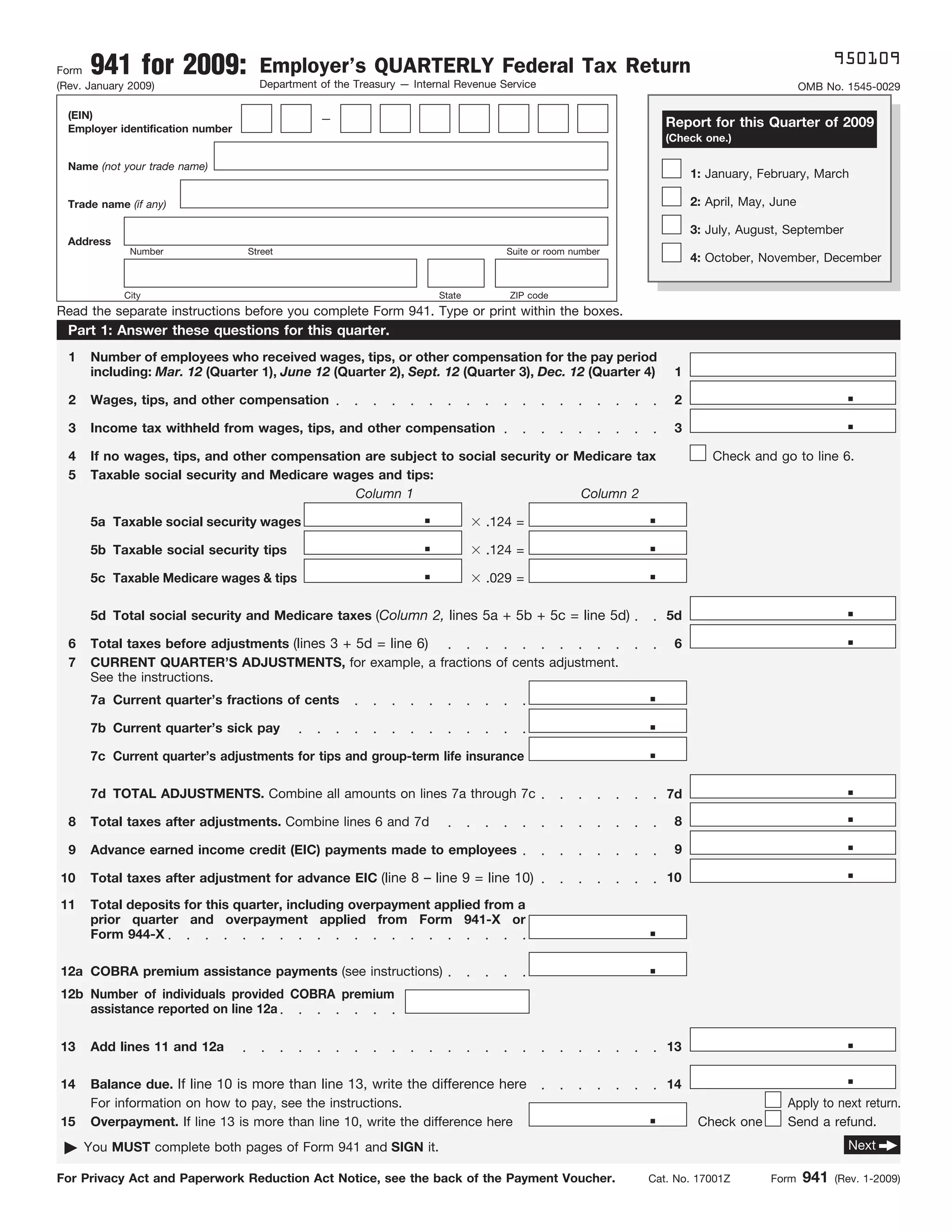 Form 941  Employer's Quarterly Federal Tax Return  