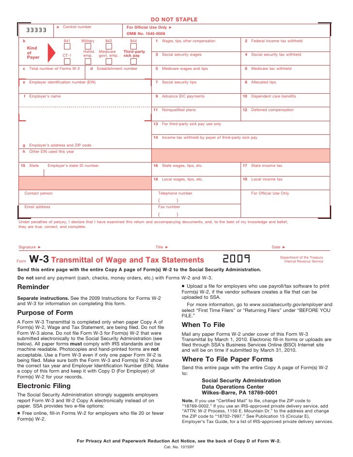 Form W3 Transmittal of Wage and Tax Statements (Info Copy Only)
