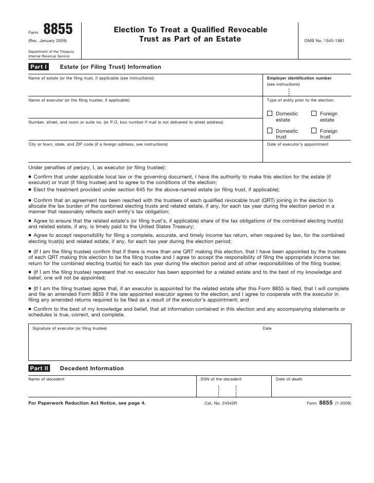 form 8855 election to treat a qualified revocable trust as part of an executor of estate form