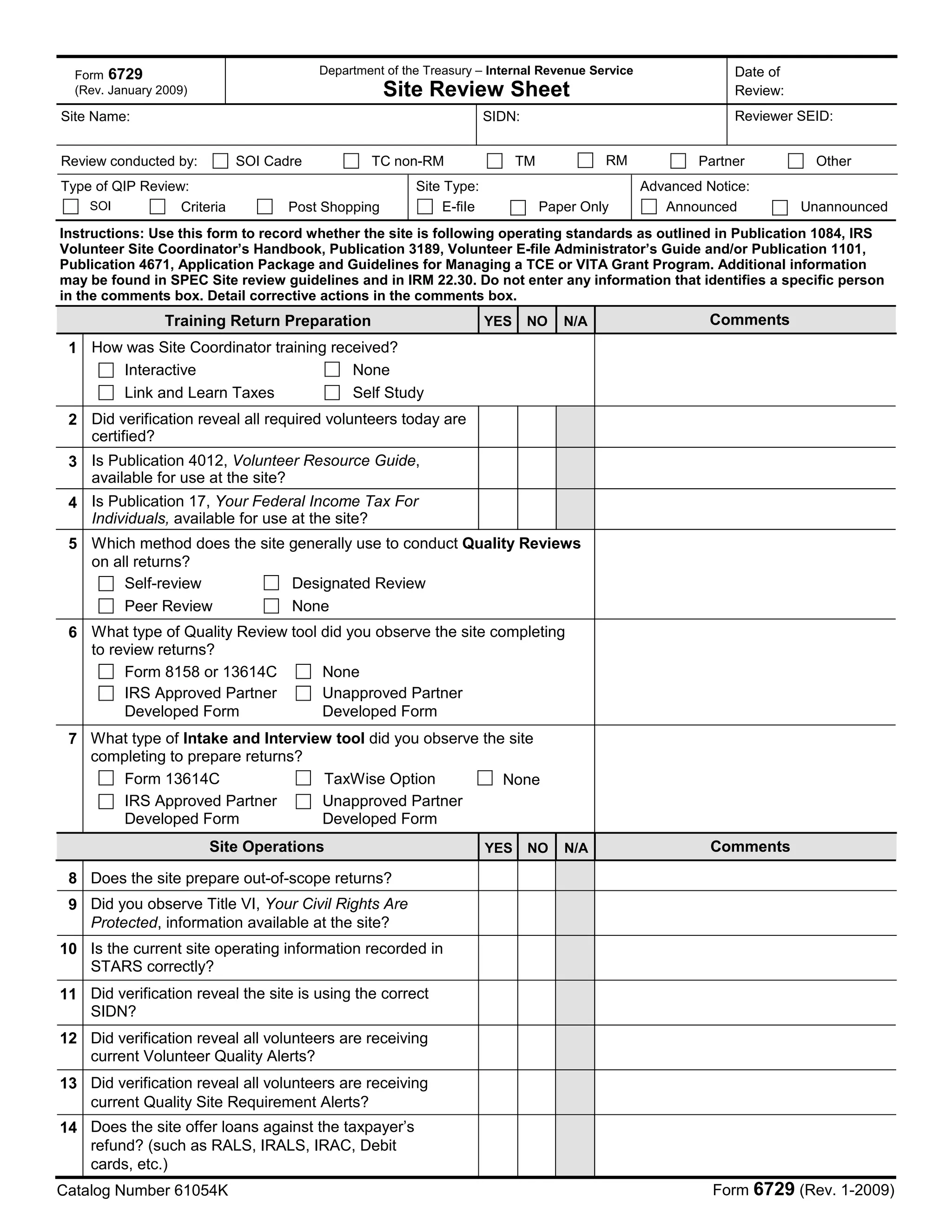 Form 6729-Volunteer Return Preparation Program - Quality Site Review