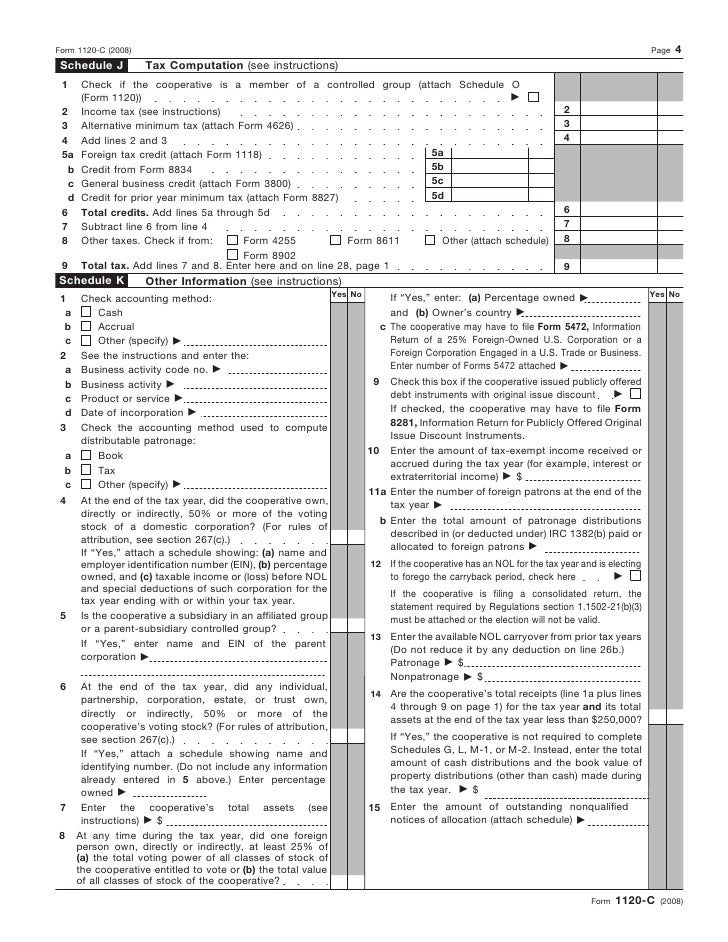 form 1120 c u s income tax return for cooperative associations schedule j form 1120