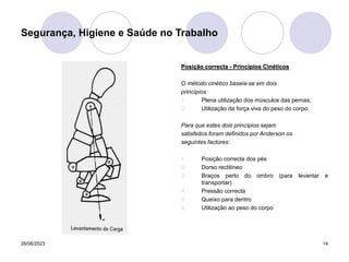 26/06/2023 14
Posição correcta - Princípios Cinéticos
O método cinético baseia-se em dois
princípios:
1. Plena utilização dos músculos das pernas;
2. Utilização da força viva do peso do corpo.
Para que estes dois princípios sejam
satisfeitos foram definidos por Anderson os
seguintes factores:
1. Posição correcta dos pés
2. Dorso rectilíneo
3. Braços perto do ombro (para levantar e
transportar)
4. Pressão correcta
5. Queixo para dentro
6. Utilização ao peso do corpo
Segurança, Higiene e Saúde no Trabalho
 