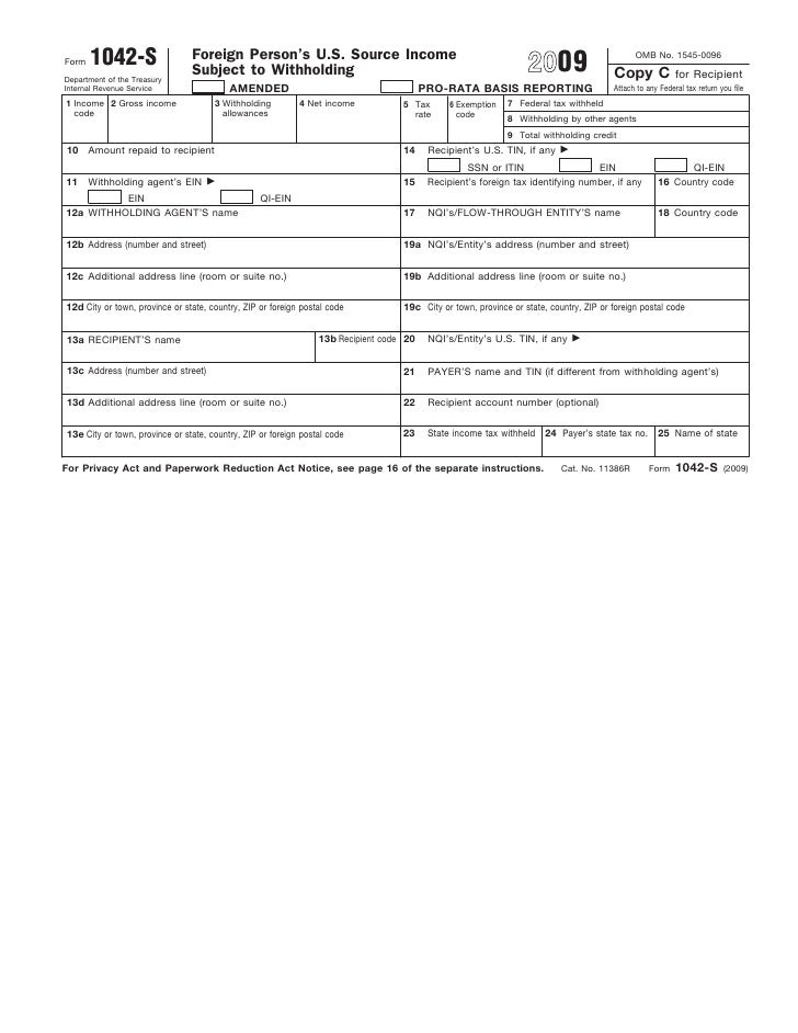 Form 1042SForeign Person's U.S. Source Subject to Withholding