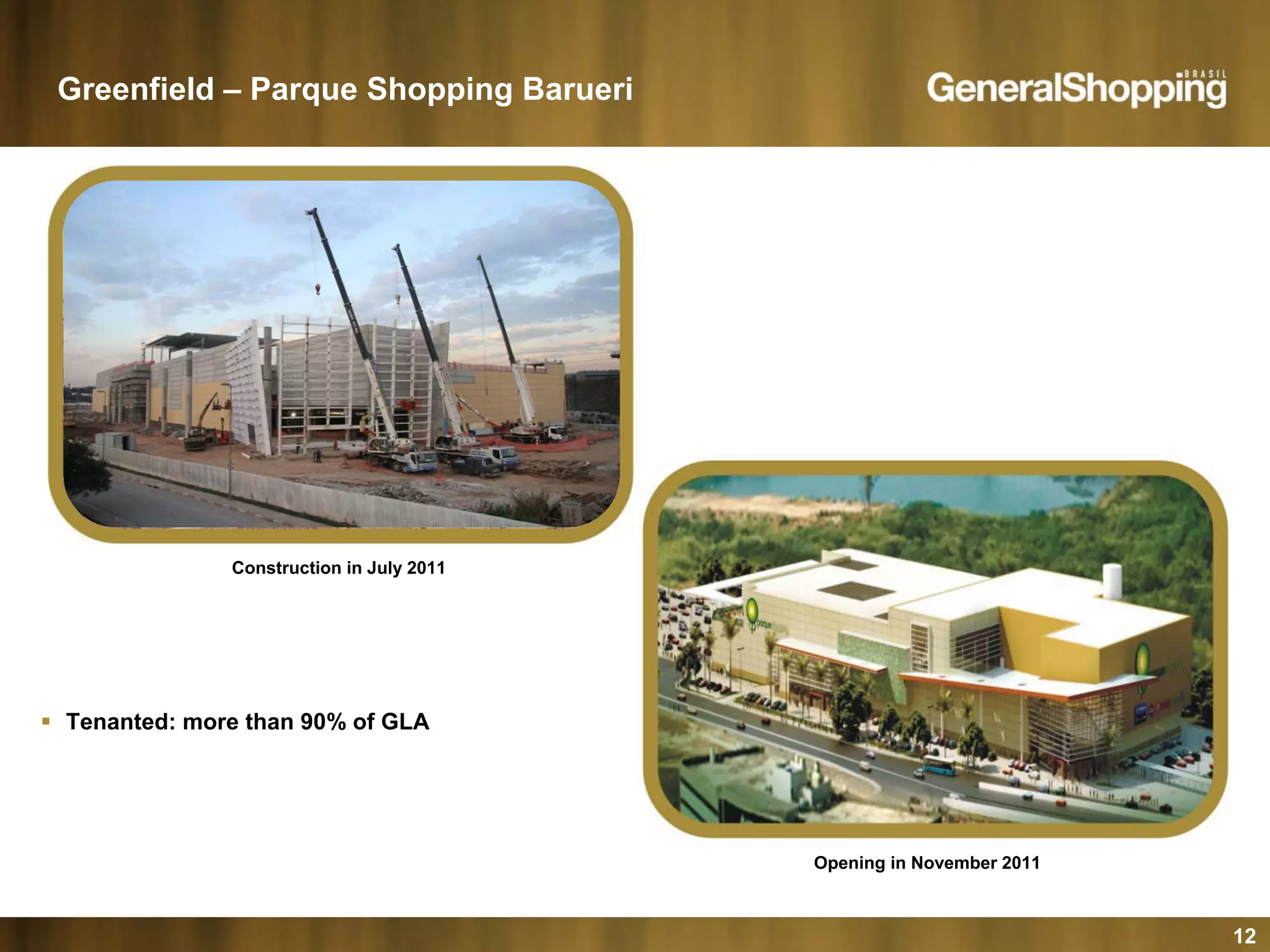 12
Greenfield – Parque Shopping Barueri
Trocar foto pela do e-mail
Construction in July 2011
Opening in November 2011
Tenanted: more than 90% of GLA
 