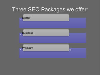 Three SEO Packages we offer:
    Starter
  • 2 months project



    Business
  • 1 year project



    Premium
  • 2yrs SEO project with site maintenance
 